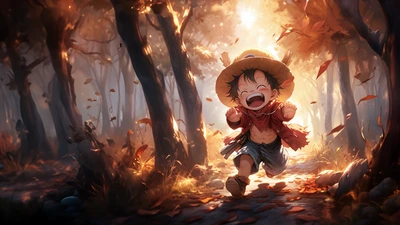 Chibi Luffy läuft fröhlich durch einen Herbstwald