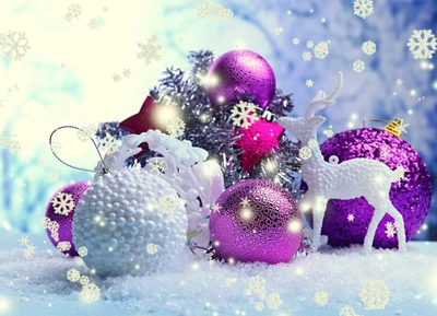 Festive Purple and White Christmas Decor with Ornaments and Snowflakes