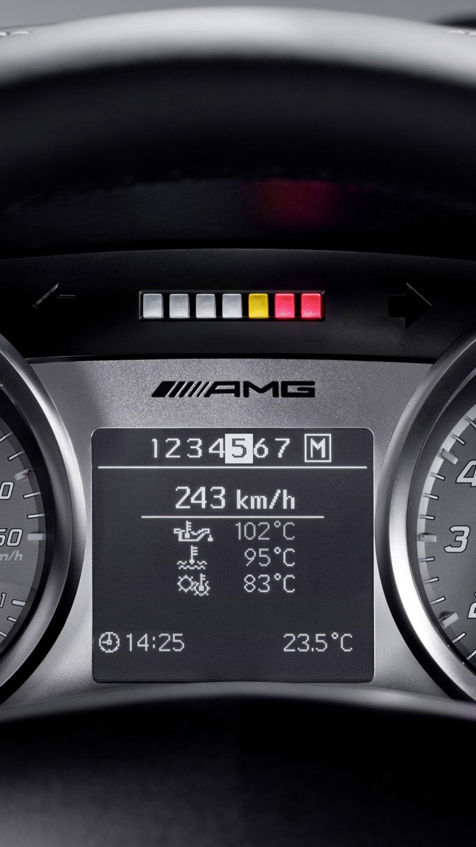 A close up of a dashboard with a speedometer and a clock (audi, wheel, city car, mercedes amg, coup)