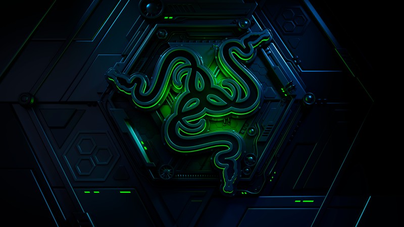 Крупный план компьютера с светящейся зеленой змеей на нем (сейф, razer, зелёный, тёмный, 3d)