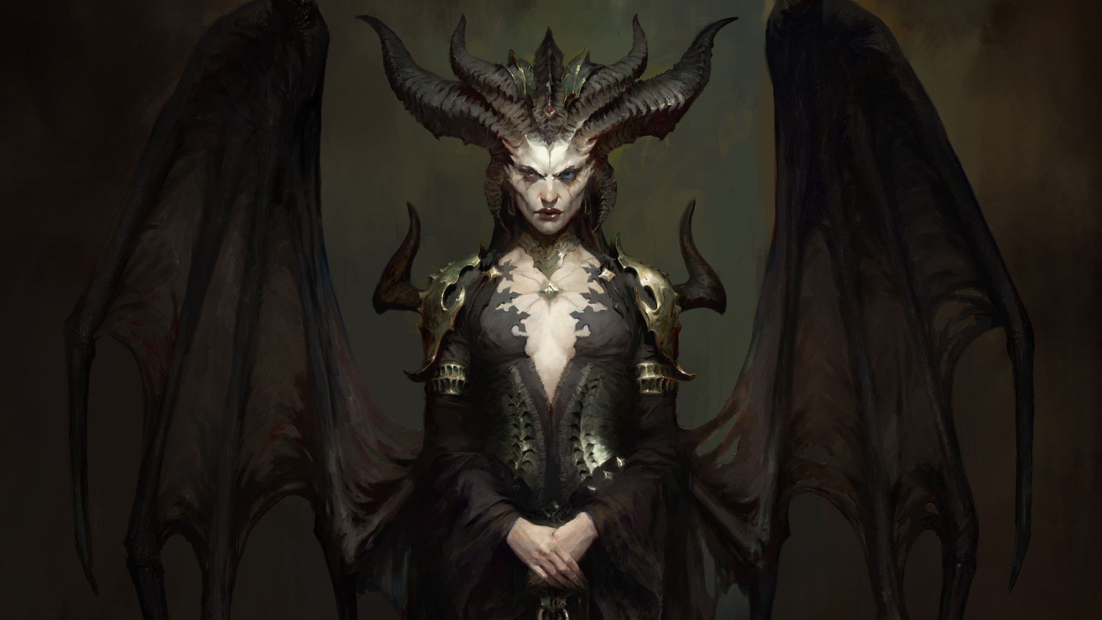 Una mujer con un vestido negro con cuernos y una cabeza cornuda (diablo iv, diablo 4, videojuego, lilith)