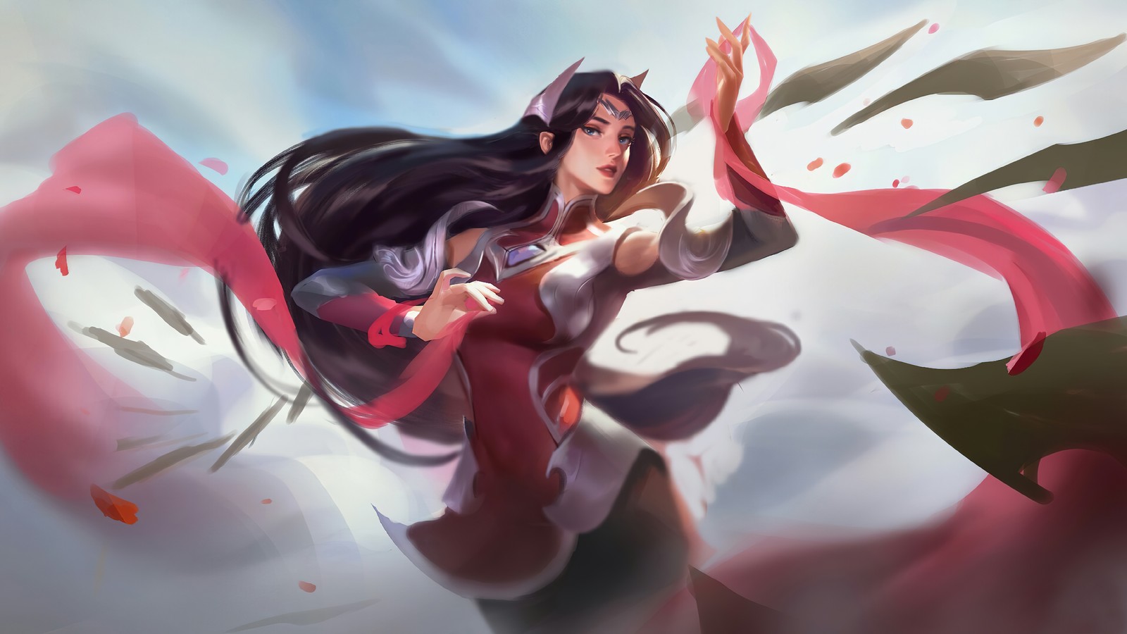 Une femme aux longs cheveux et à la cape rouge volant dans les airs (irelia, lol, league of legends, jeu vidéo, art)