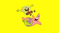 Aventura juguetona de Bob Esponja y Patricio sobre un fondo amarillo brillante