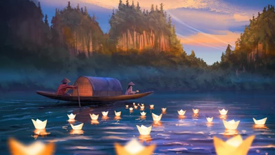 Serene River Scene with Floating Candles at Dusk