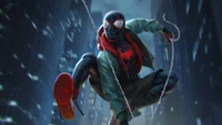 Illustration dynamique de Miles Morales en tant que Spider-Man en action urbaine