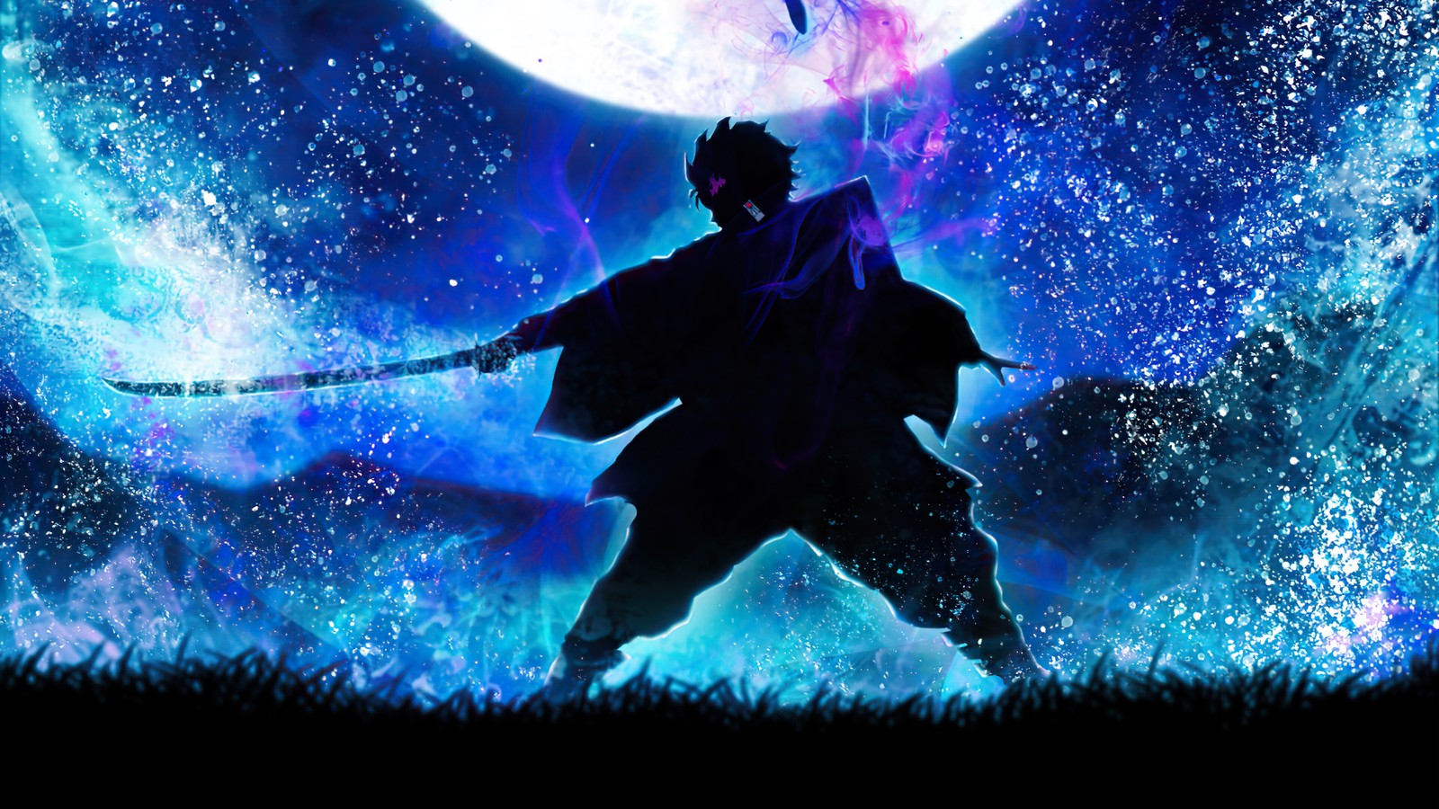 Ein mann in einem schwarzen umhang hält ein schwert vor einem vollmond (dämonentöter kimetsu no yaiba, demon slayer kimetsu no yaiba, anime, 鬼滅の刃, tanjiro kamado)