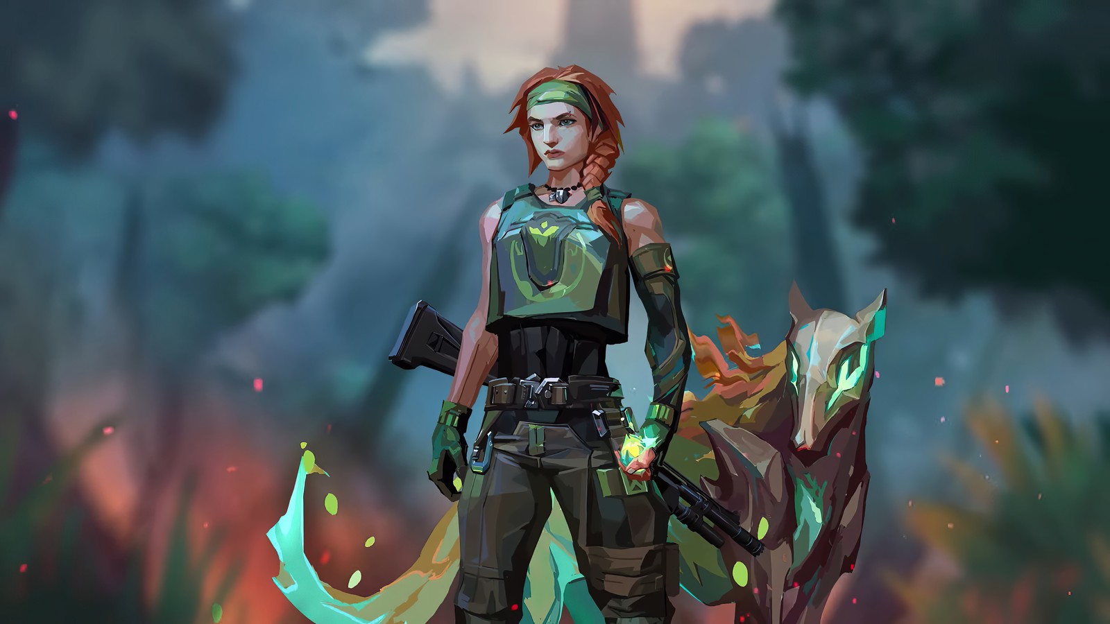 A woman in a green outfit standing next to a horse (skye, valorant, video game, summon)