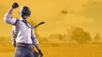 Victorious Player in Level 3 Helmet Against a Yellow Landscape - PUBG Mobile 4K Wallpaper