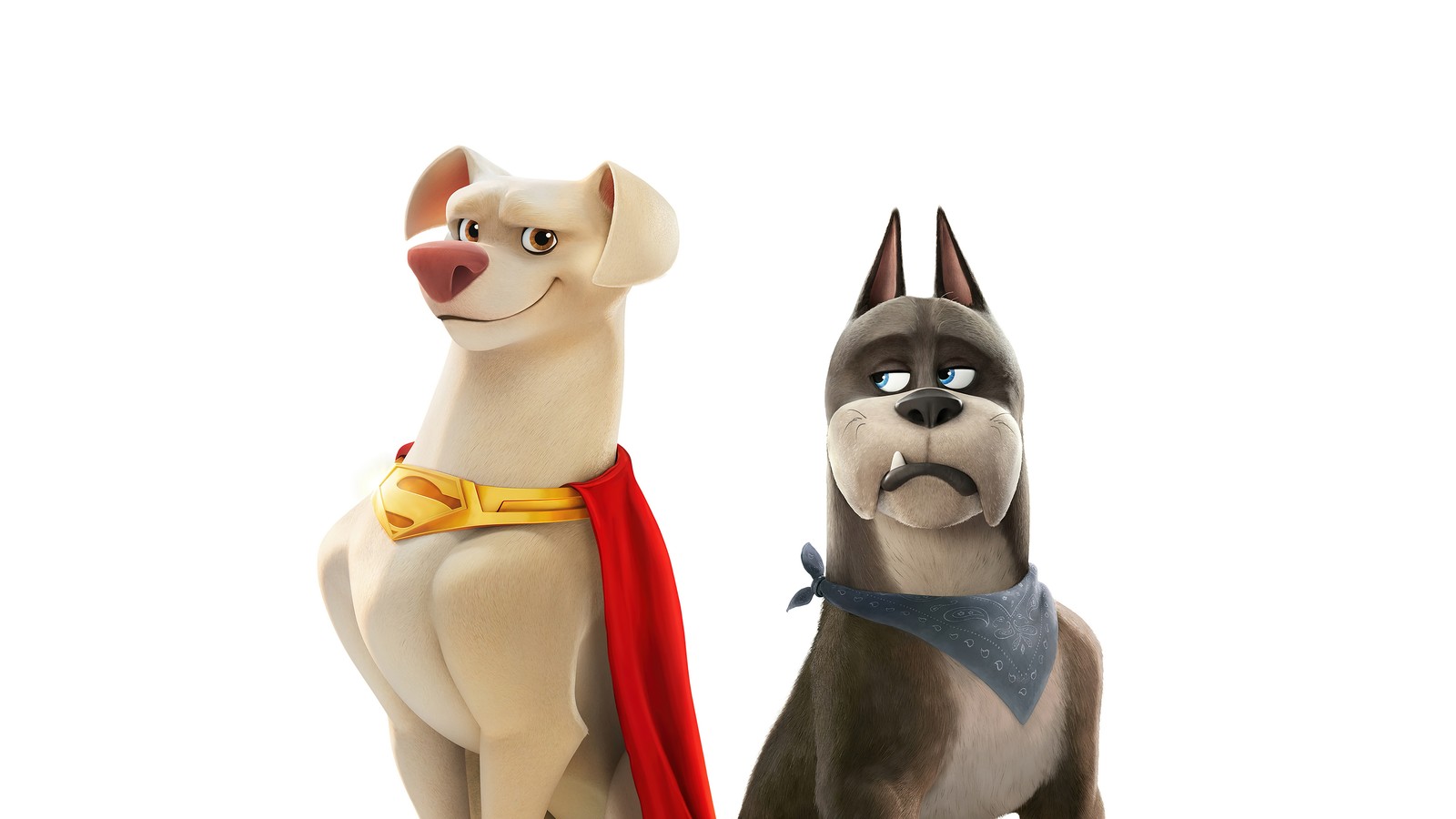 There are two figurines of dogs dressed up as superheros (dc league of super pets, movie, 2022, krypto, ace)