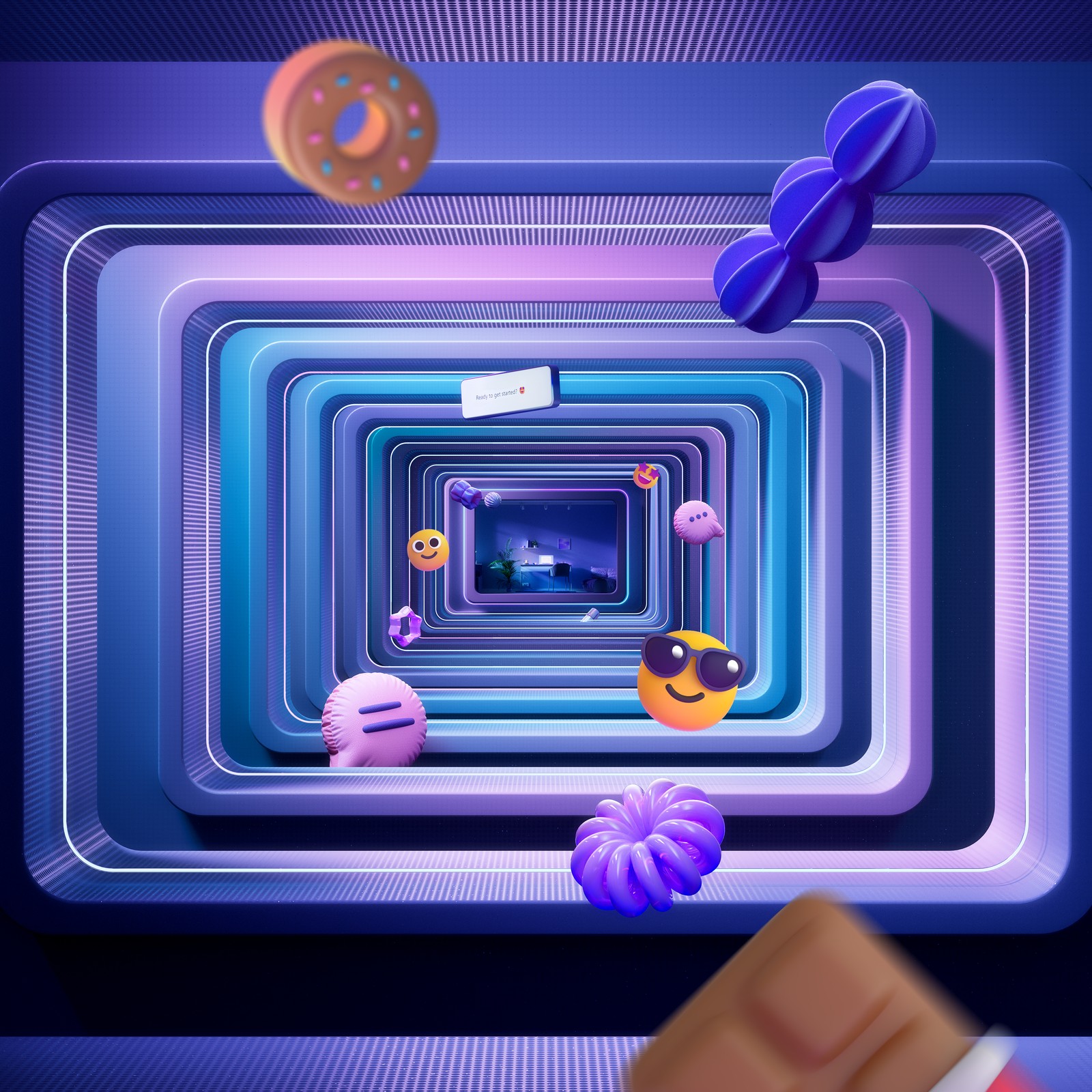 Alguien está jugando a un juego con un teléfono y una dona (emoji, arte 3d, donut, emojis, estética púrpura)