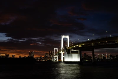 Puente iluminado sobre el río por la noche con el horizonte urbano