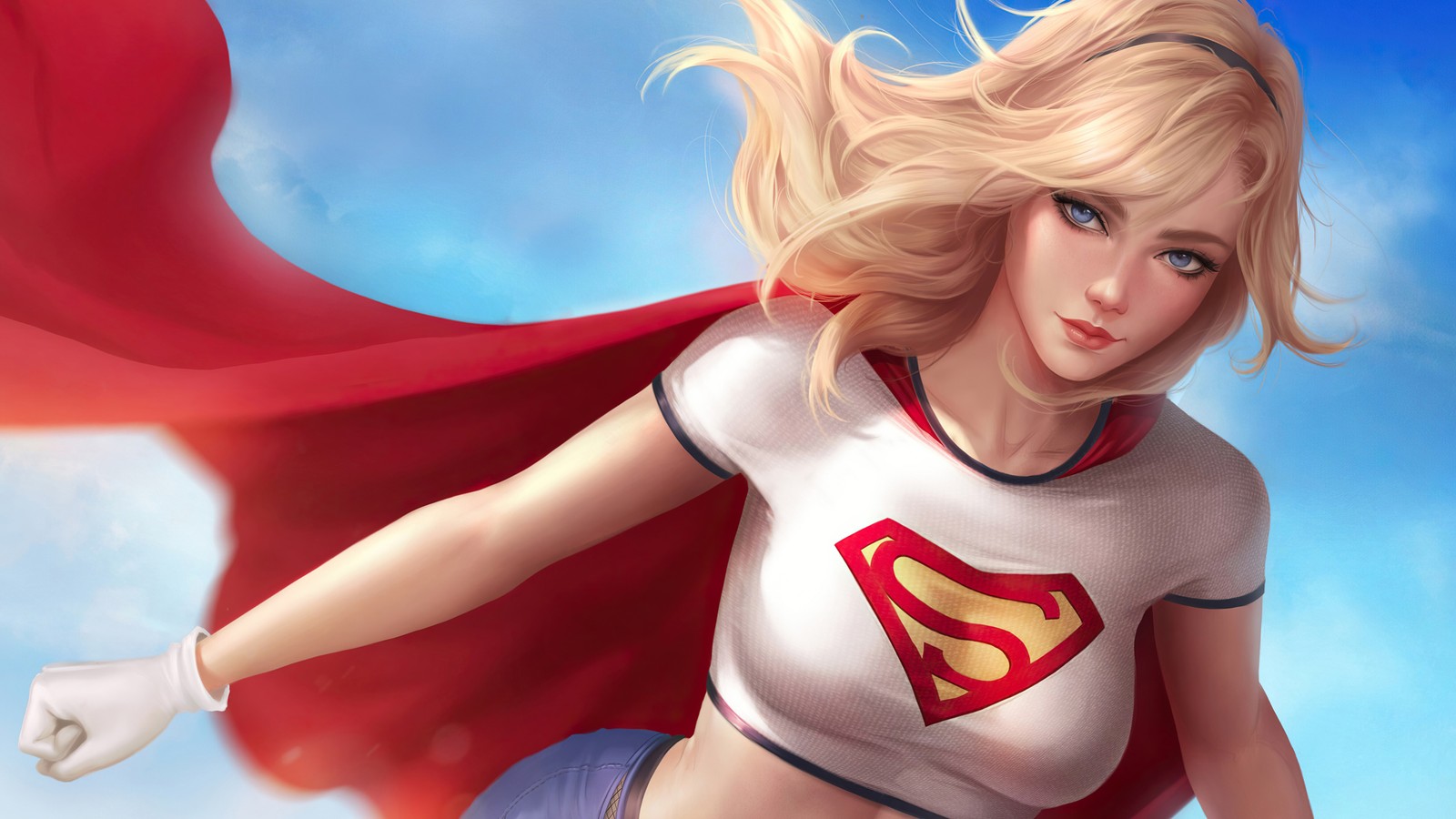 Uma mulher em um traje de superman voando pelo ar (supergirl, super herói, dc comics, quadrinhos)