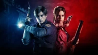 Leon S. Kennedy and Claire Redfield poised for action in Resident Evil 2, ready to face the horrors ahead.