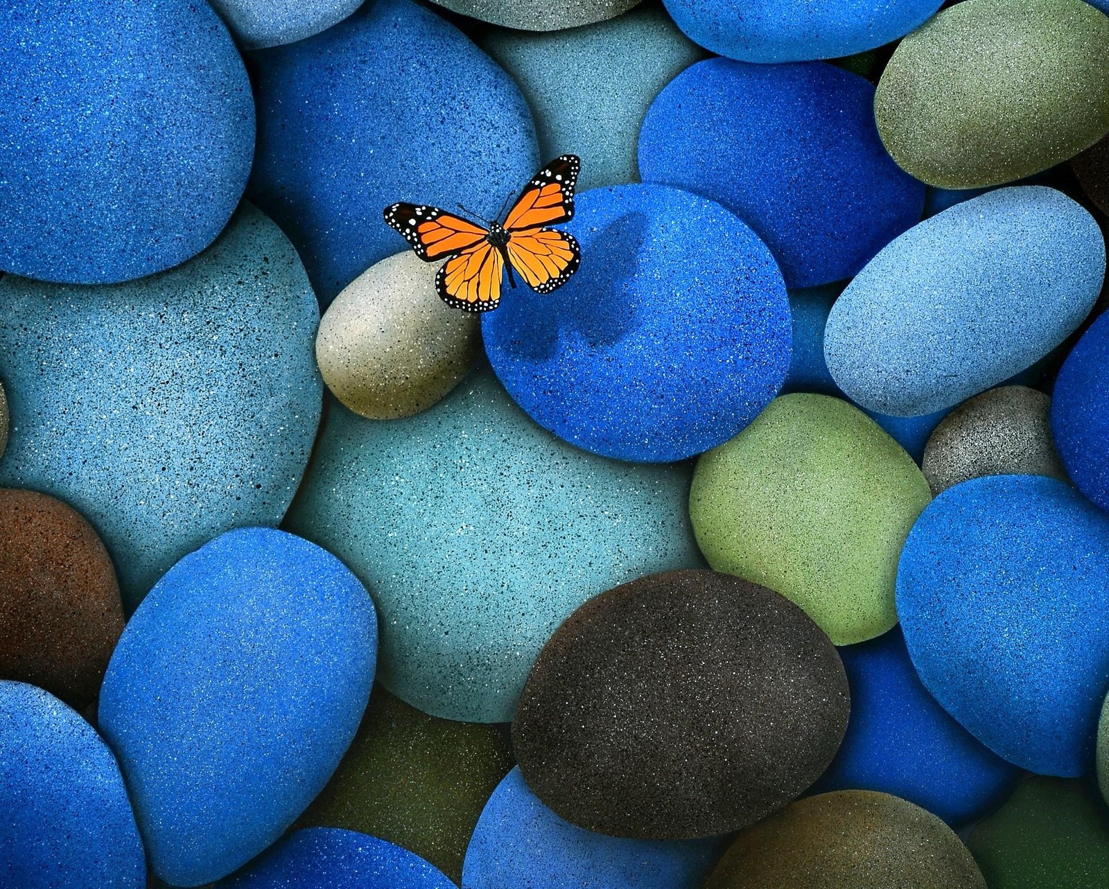 There is a butterfly that is sitting on some rocks (art, butterfly, pebbles, stone)