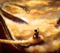 A young figure rides a swirling cloud, reaching out to a majestic dragon soaring through a vibrant sunset sky.