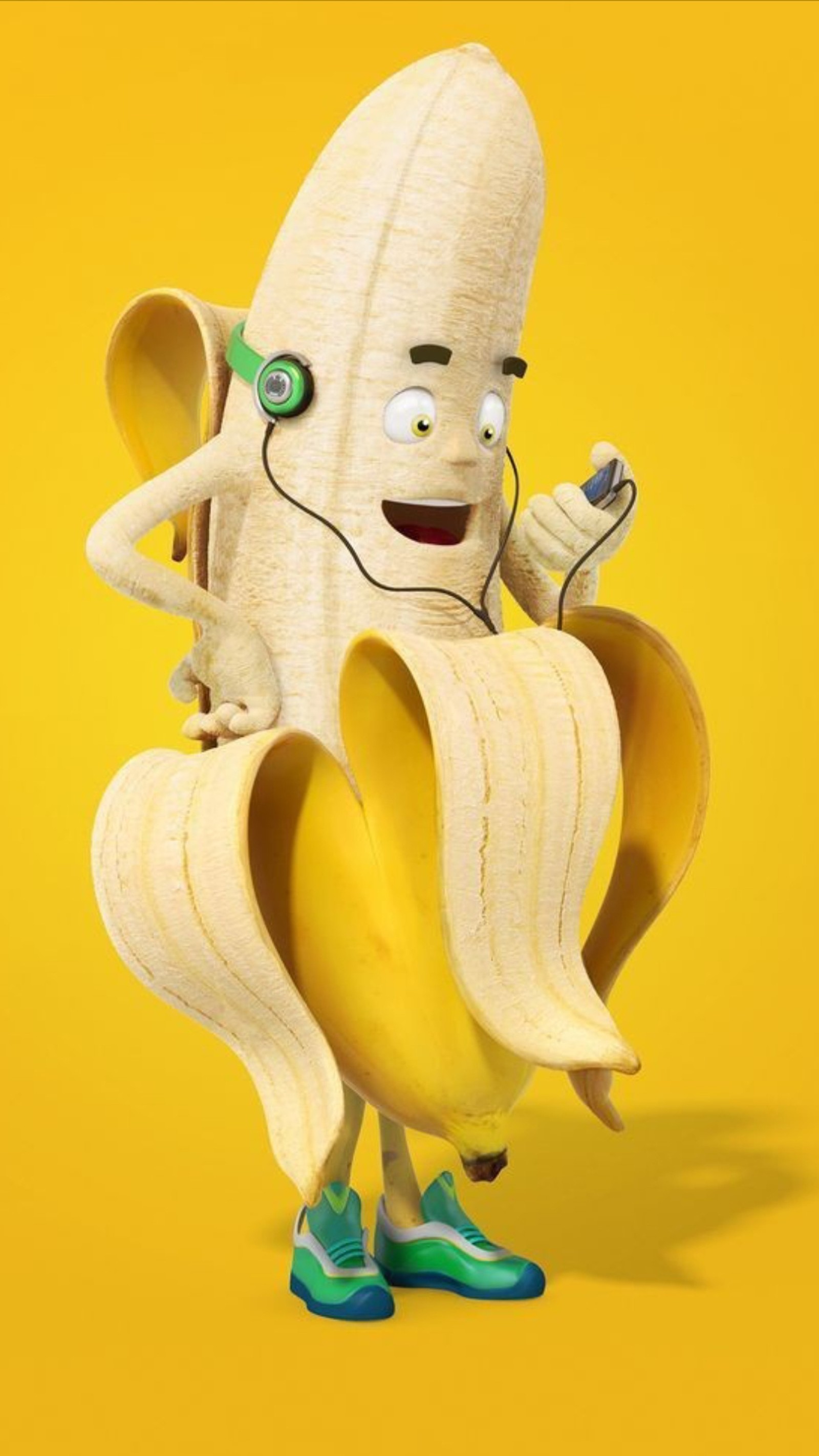 Cartoon banana character with headphones and a banana peel (banana, food, fruit, funny, headphone)