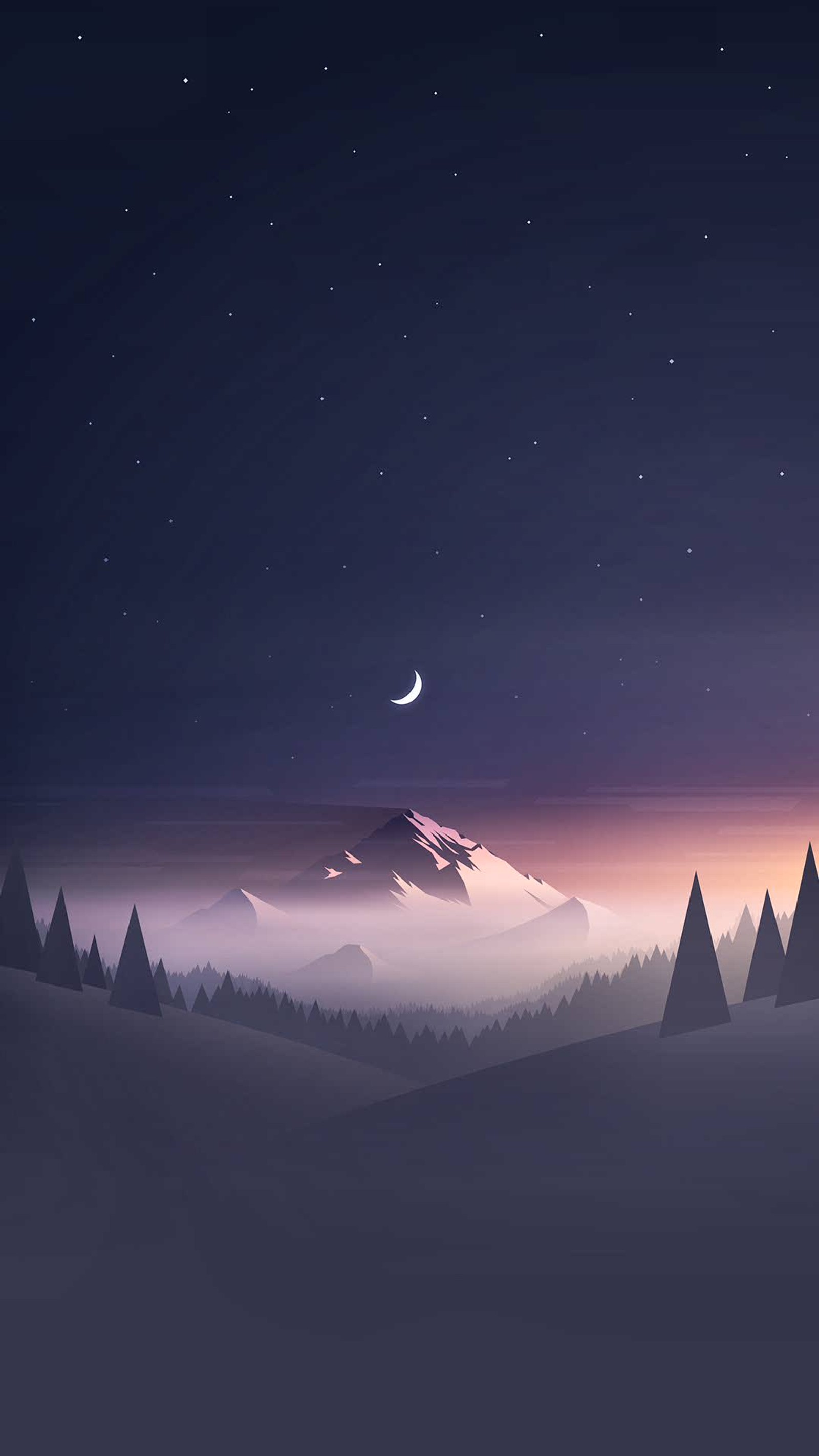 A view of a mountain with a crescent in the sky (beauty nature, moon, mountain, night, purple)