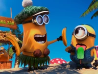 Happy Minions Enjoying a Beach Day with Bananas