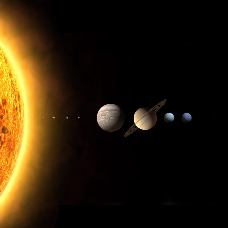 Крупный план солнечной системы с планетами на заднем плане (планеты, sistema solar)