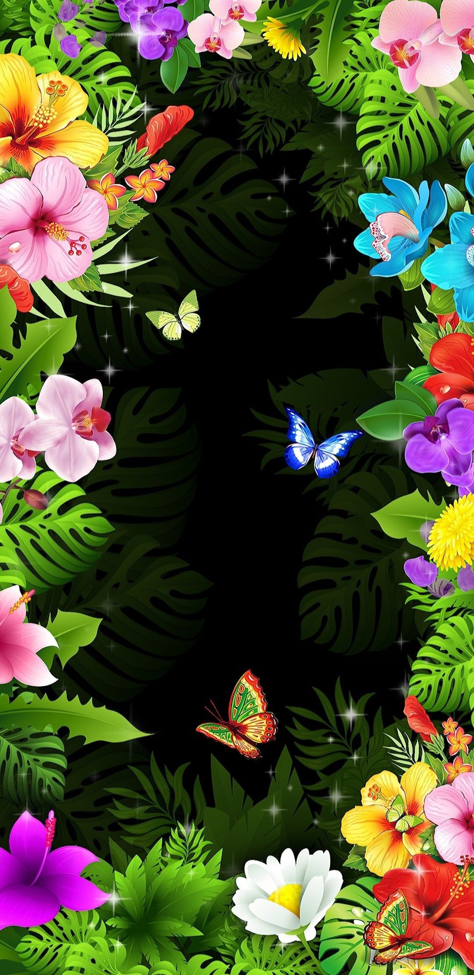 A close up of a flower frame with butterflies and flowers (butterfly, flowers)