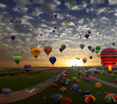 Balões de ar quente coloridos contra um céu deslumbrante ao pôr do sol