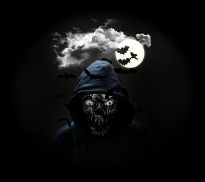 Mysterious figure with a sinister mask under a full moon, surrounded by bats and clouds, embodying the essence of Halloween.