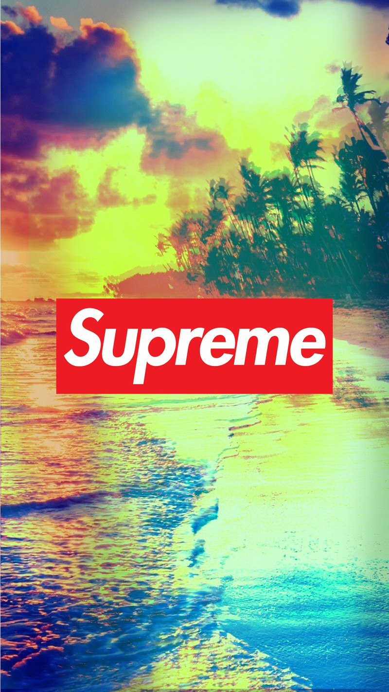 Логотип supreme на пляже с пальмами на заднем плане (закат, пляж, supreme)