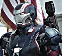 Iron Man Mark 3 with American flag backdrop.