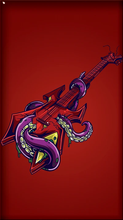 violão, polvo, roxo, vermelho