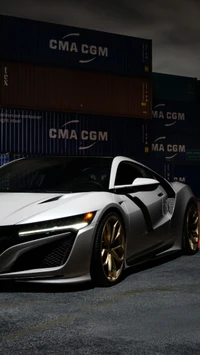 Acura NSX in an industrial setting with shipping containers.