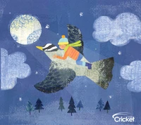 A child joyfully rides a whimsical bird through a winter night sky adorned with clouds and a full moon.