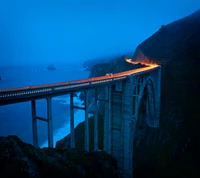 puente, altura, carretera, luces, montaña