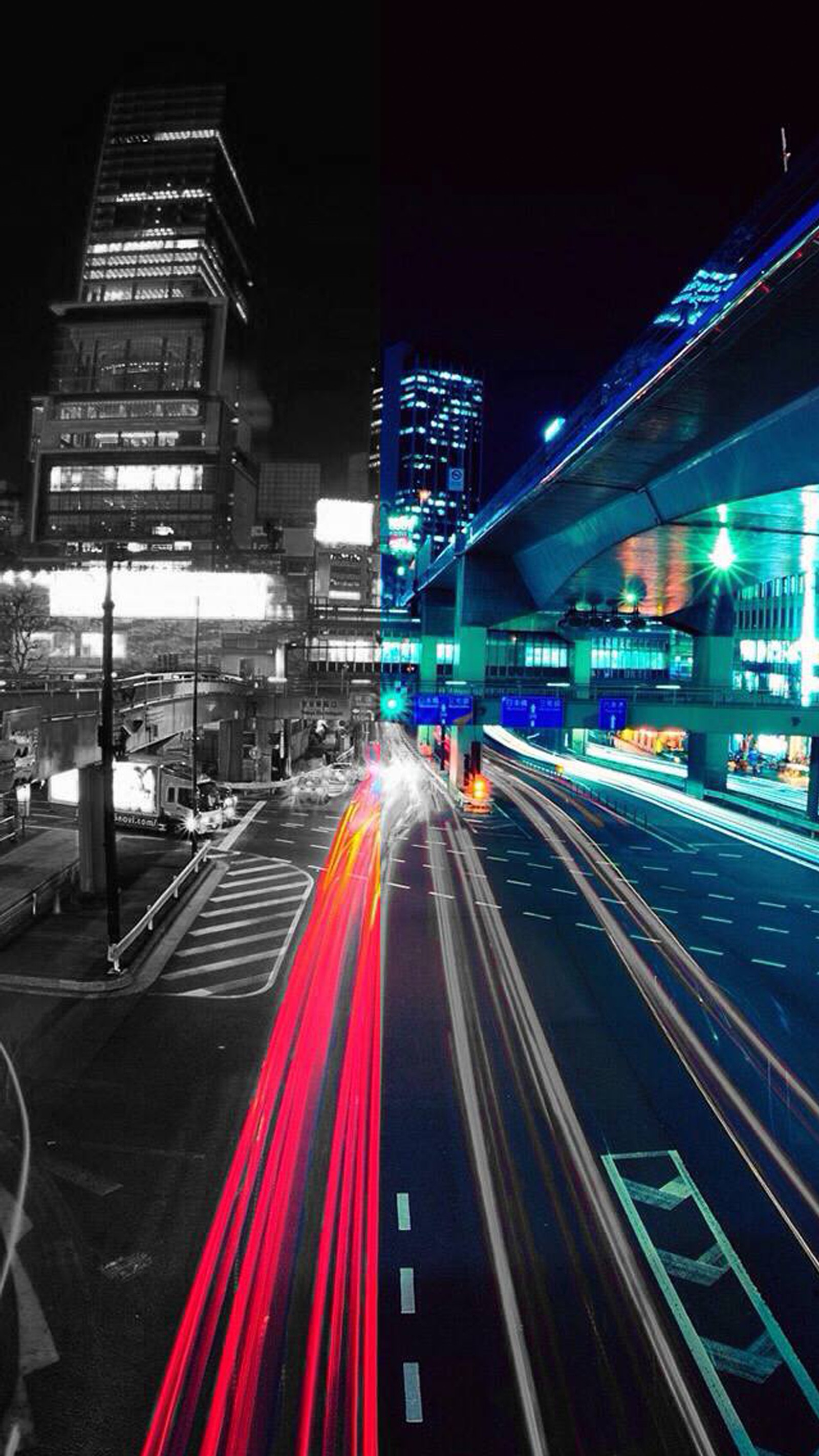 Visão de uma rua da cidade à noite com um feixe de luz de um carro (cidade, cor, greyscale, japão, ruas)