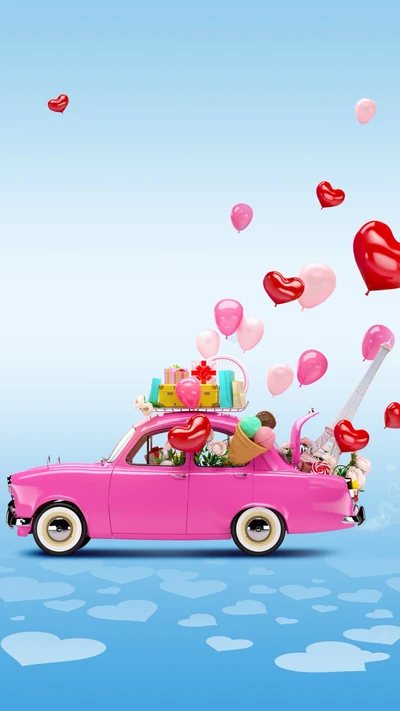 balloons, car, cartoons, drawing, hearts