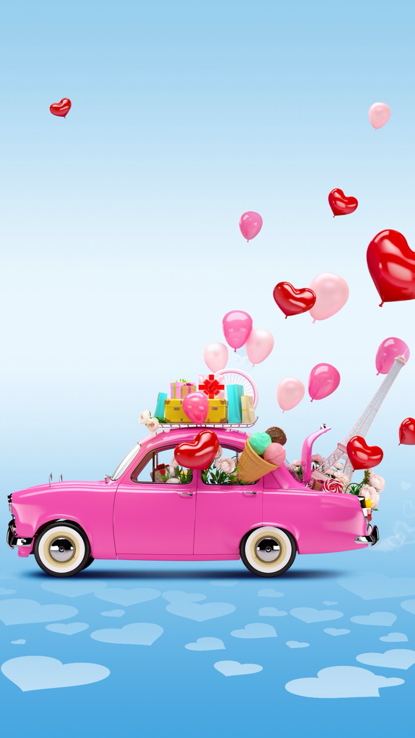 Ein rosa auto mit einem haufen geschenke und ballons (luftballons, auto, cartoons, zeichnung, herzen)