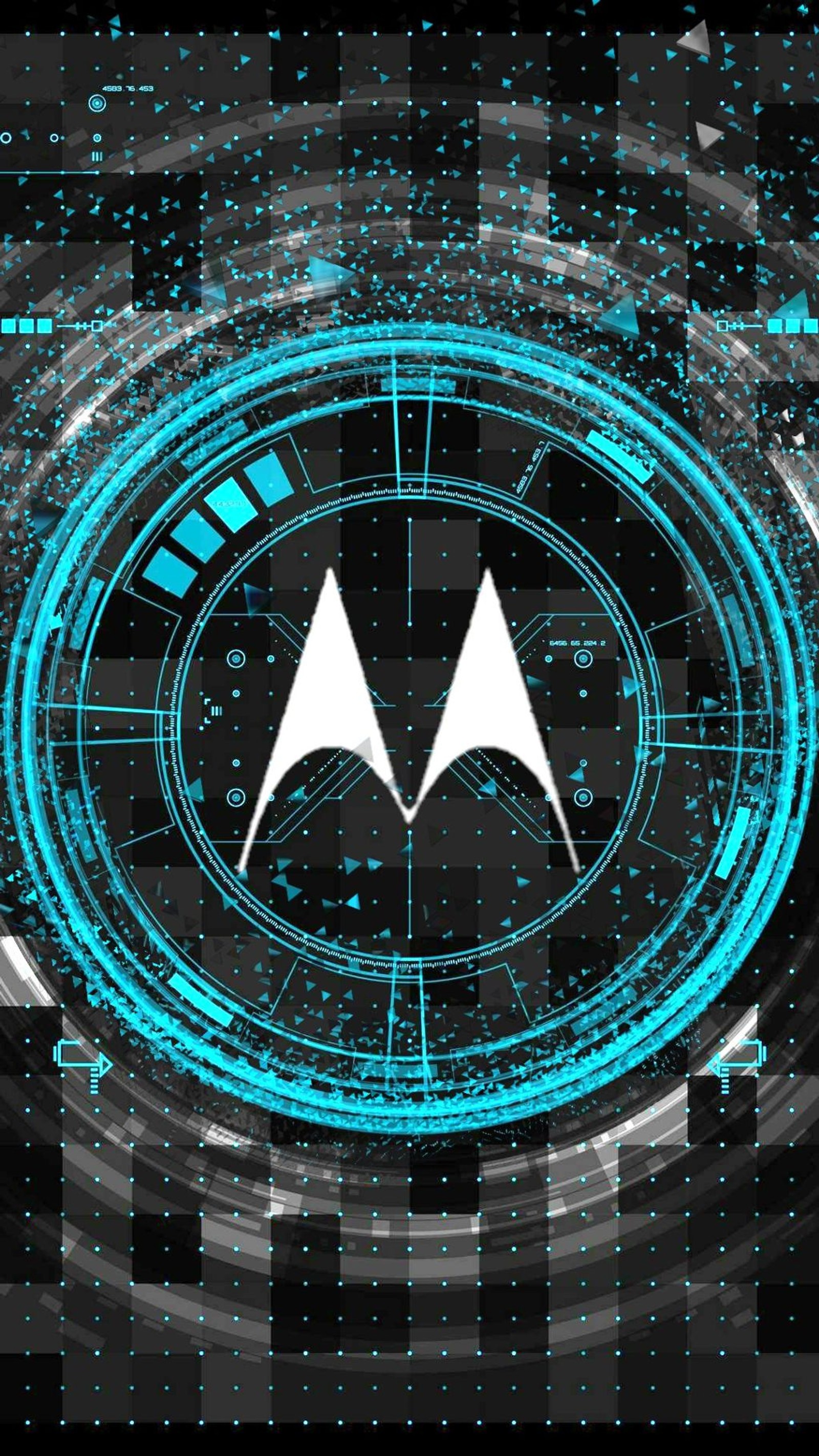 Un primer plano del logo de motorola en un fondo futurista (moderno, teléfono)