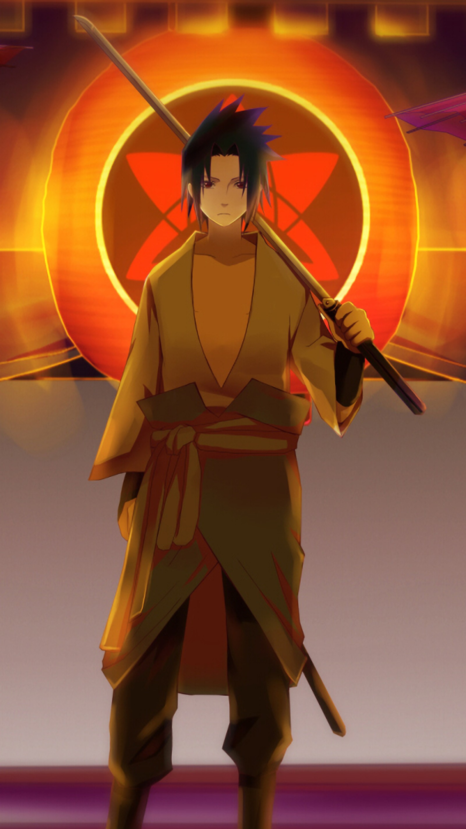 Personagem de anime com uma espada e um círculo amarelo ao fundo (sasuke, naruto)