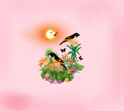 bird, design, flower, sunset