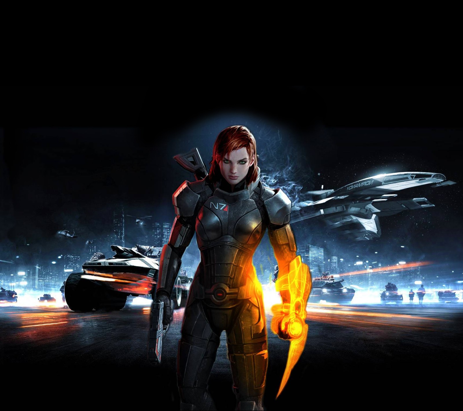 Uma mulher em um traje futurista de pé na frente de um tanque (exército, campo de batalha, comandante, femshep, mass effect)