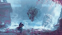 Samurai Confronts Enigmatic Beast in a Mystical Landscape