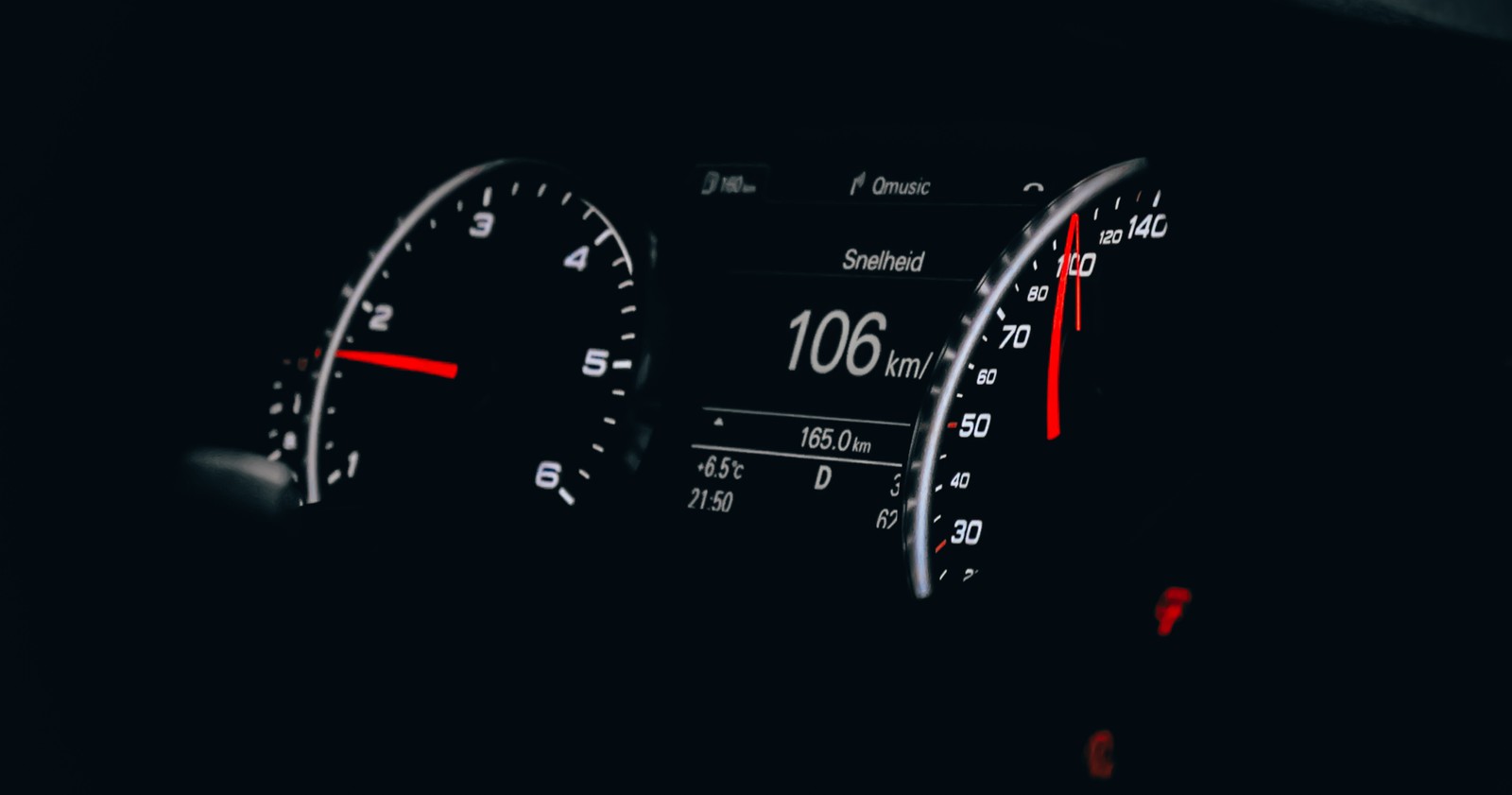 A close up of a car dashboard with a speedometer and a clock (car, speedometer, auto part, measuring instrument, gauge)