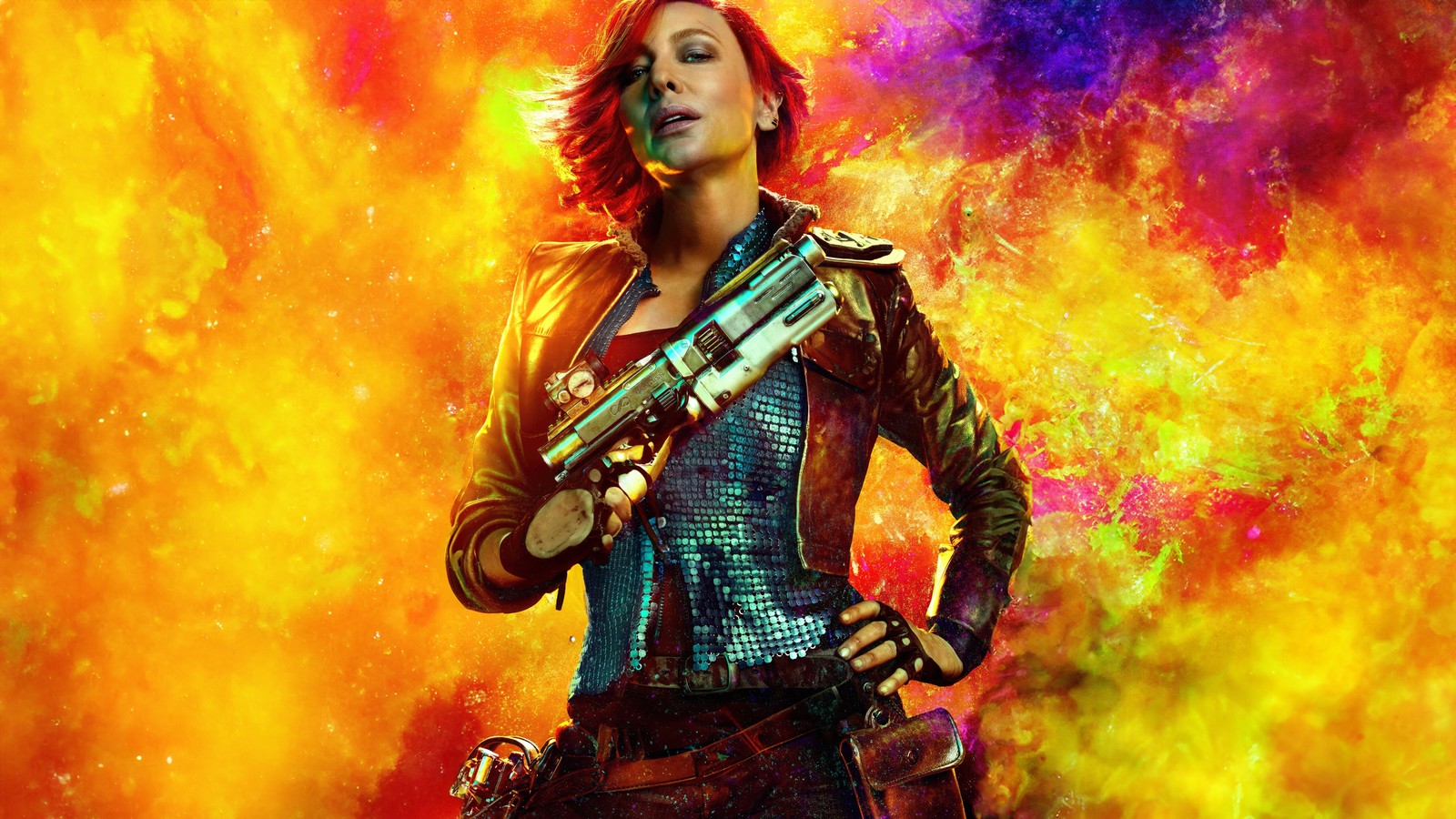 Une femme avec une arme se tenant devant un fond coloré (cate blanchett, borderlands, films de 2024, films, fond décran 4k)