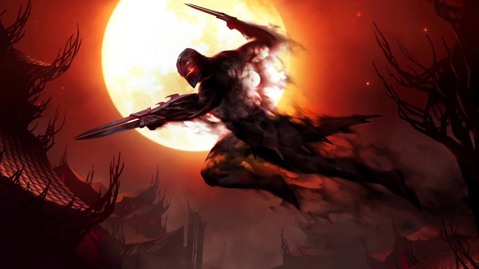 A man flying through the air with a sword in front of a full moon (league of legends, art, heat, people in nature, fire)