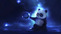 Adorable Cartoon Panda Illuminated in a Cosmic Glow