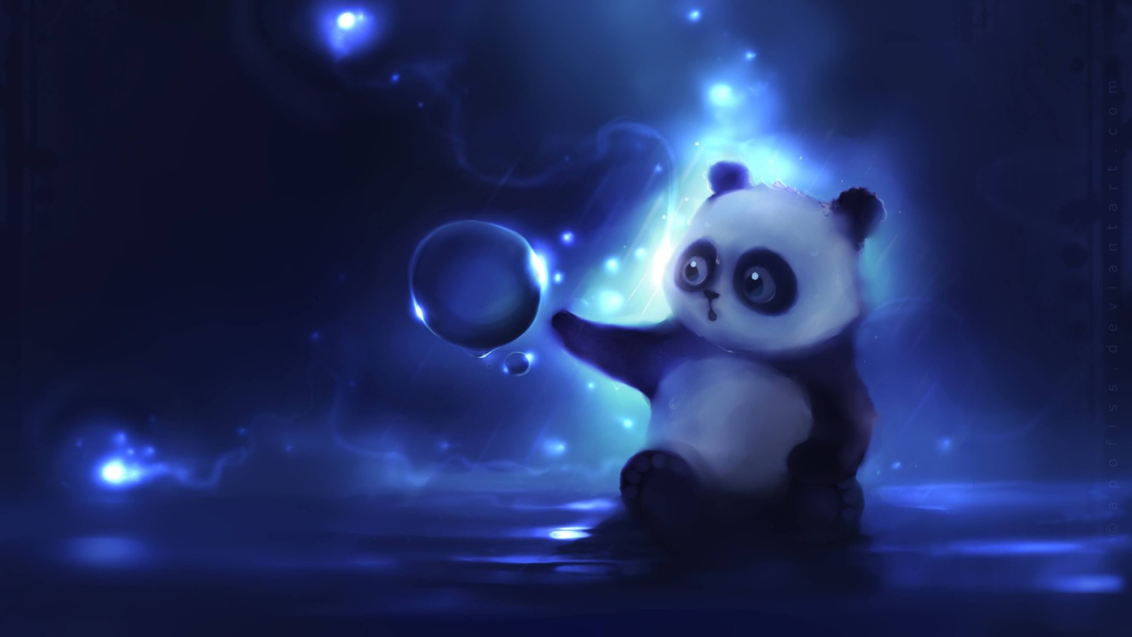 Un panda avec une balle dans l'eau la nuit (panda géant, douceur, cartoon, lumière, ours)