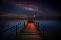 wooden pier, night sky, stars, galaxy, milky way wallpaper