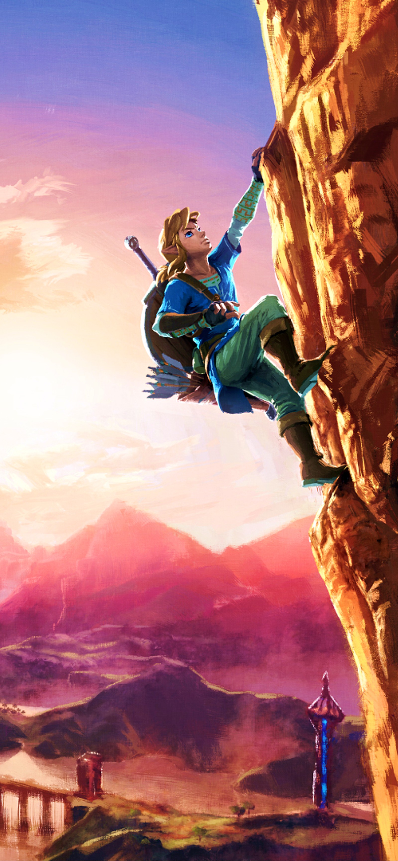 Arafed image of a man climbing a cliff with a sword (the legend of zelda, nintendo switch, princess zelda, ganon, happy)