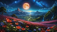 flor, campo, lleno, luna, noche