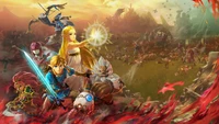 Scène de bataille épique mettant en vedette Link, Zelda et des alliés dans un paysage vibrant d'Hyrule, montrant le chaos de "Hyrule Warriors: Age of Calamity.