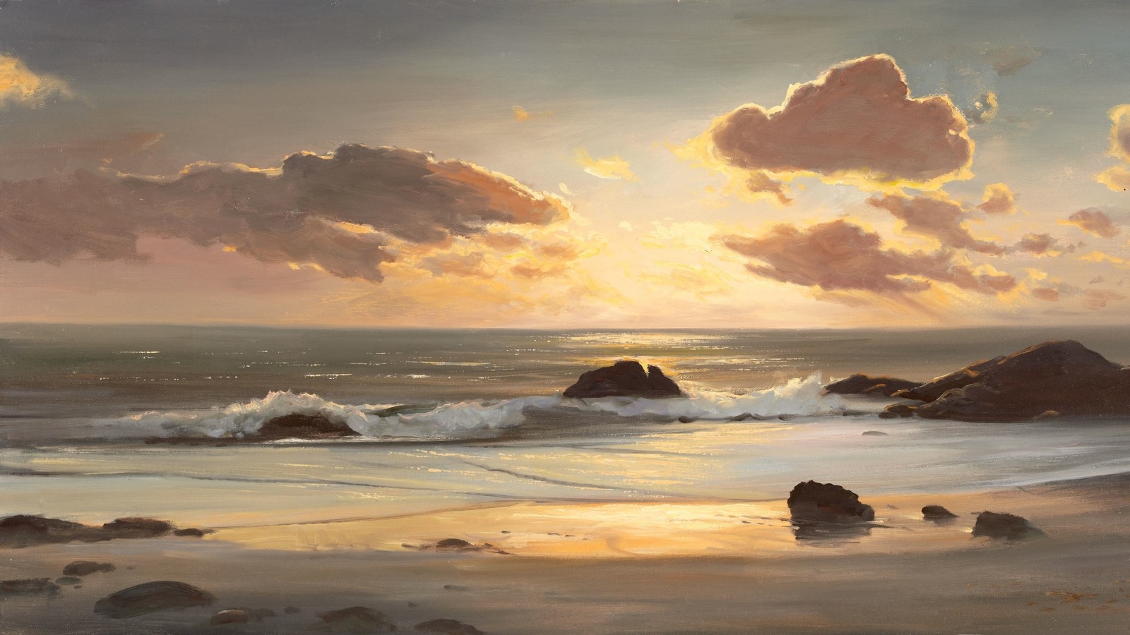 Una pintura de una playa con rocas, agua y nubes (pintura, pintura de paisajes, mar, costa, horizonte)